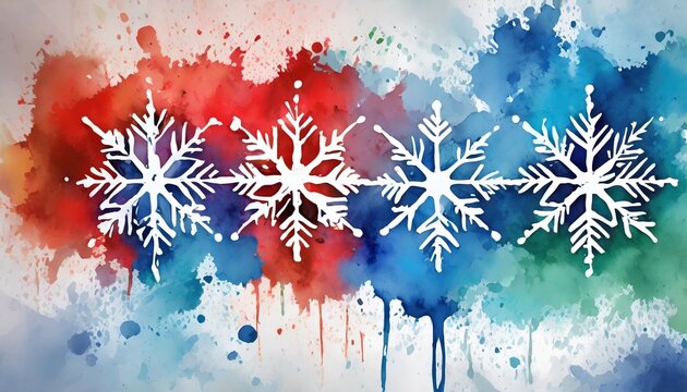 a group of four snowflakes sitting next to each other on a white and blue and red background with a splash of paint on the bottom of the image