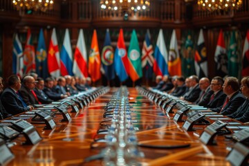 International flags line a grand conference room with officials in a meeting.