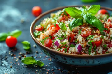 Freshly prepared couscous salad with tomatoes and basil in a rustic bowl.