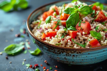 Freshly prepared couscous salad with tomatoes and basil in a rustic bowl.