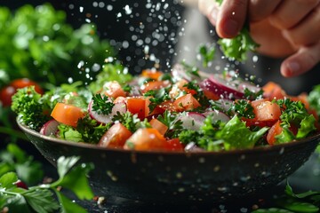 Sprinkling herbs on a fresh tomato salad, capturing the dynamic movement of falling water droplets.