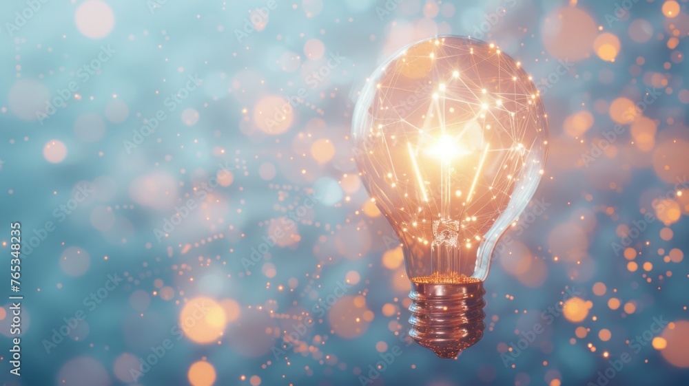 Poster illuminated light bulb with digital network - a warm glowing light bulb lights up a digital network 