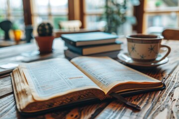 An open book on a wooden table with a cup of coffee in a cozy cafe ambiance. - obrazy, fototapety, plakaty