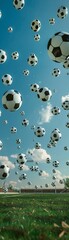 An array of floating soccer balls, defying gravity in a breathtaking stadium setting
