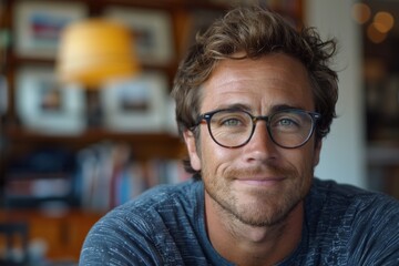 A man with glasses and a friendly smile in a comfortable indoor setting. - obrazy, fototapety, plakaty