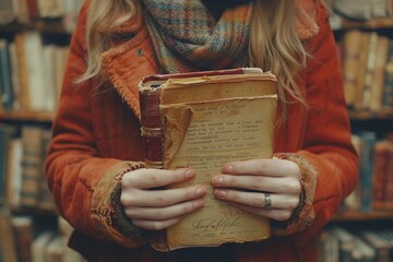 A person holding a worn antique book with visible text and a signature. - obrazy, fototapety, plakaty