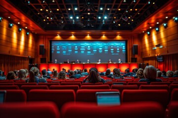 An audience attentively watching a panel discussion in a conference hall.