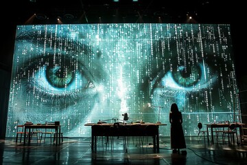 A theatrical stage with digital art featuring an oversized pair of eyes. - obrazy, fototapety, plakaty