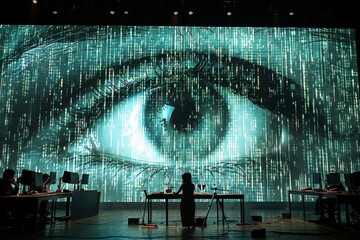 A theatrical stage with digital art featuring an oversized pair of eyes. - obrazy, fototapety, plakaty