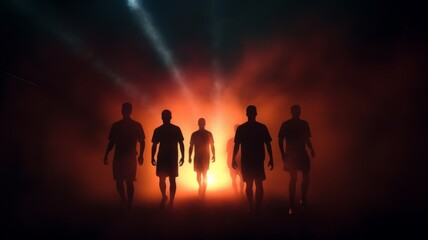 Soccer Players Silhouettes with Red Backlight - These silhouettes of soccer players set against a fiery red backlight evoke passion and the heat of the upcoming competition