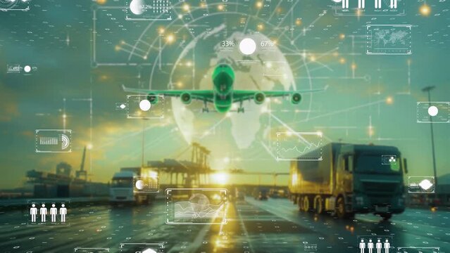 International shipping and trucking routes visualized on a digital Earth, dynamic transport data flow.