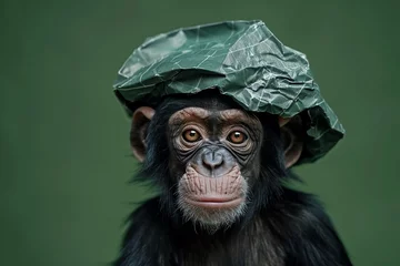 Zelfklevend Fotobehang Playful monkey with a recycled paper hat, Earth Day, green backdrop, midday light ,realistic photo © NatthyDesign