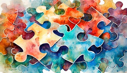 interlocking puzzle pieces with a watercolor texture symbolizing connection and diversity in a colorful abstract design - obrazy, fototapety, plakaty
