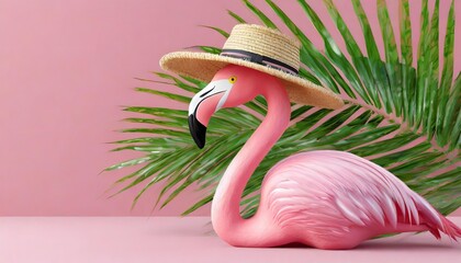 pink flamingo with hat and palm leaf on pink summer background 3d rendering 3d illustration
