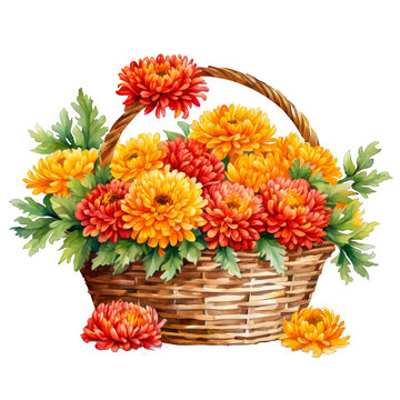 Rich autumnal chrysanthemums in a woven cornucopia basket, floral arrangement, watercolor painting, autumn themed present, floral decorative element, Halloween, wedding, present gift, for crafts arts 