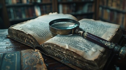 Mystery novel with a magnifying glass emerging from its pages,  suggesting detective work and uncovering clues