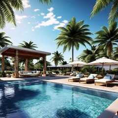 Fototapeta na wymiar Luxurious resort pool with palm trees and blue water