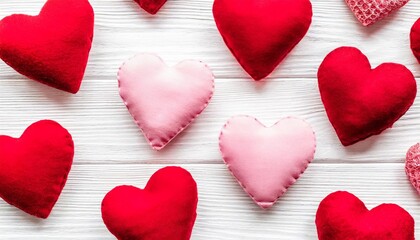 flat lay valentine s day background made of red and pink hearts on white background valentine s day creative concept top view pattern