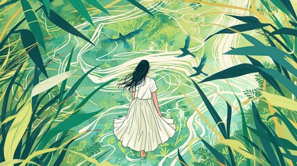 Illustration of spring scene with a girl walking on a forest meadow surrounded by linear green woods and many birds flying in the sky.