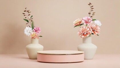 3d podium display pastel pink and beige background with flowers and decorative vases minimal pedestal for beauty product fashion feminine copy space template 3d render