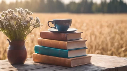 Fototapeten Stack of old books and coffee cup on outdoor wood table with landscape view. Lifestyle concept. Old hardcover books. Educational concept.  AI generated image, ai © berkay08
