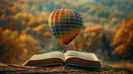 Opened book with a colorful hot air balloon popping up from its pages,  symbolizing imagination and adventure. ,  8K UHD --ar 16:9 --s 201 - obrazy, fototapety, plakaty