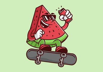 Character of red watermelon on the skateboard. Holding a beer can