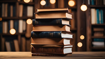 Stack of old book in a library as education concept background,  books in pile with copy space for text,