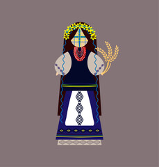 Motanka doll vector illustration for card, banner, and poster. Bright drawing with a traditional doll. Motanka Doll wearing an embroidered costume