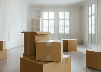 moving cardboard boxes in an empty room illustration.