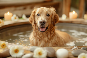 Cute dog sitting in a bathtub at spa resort