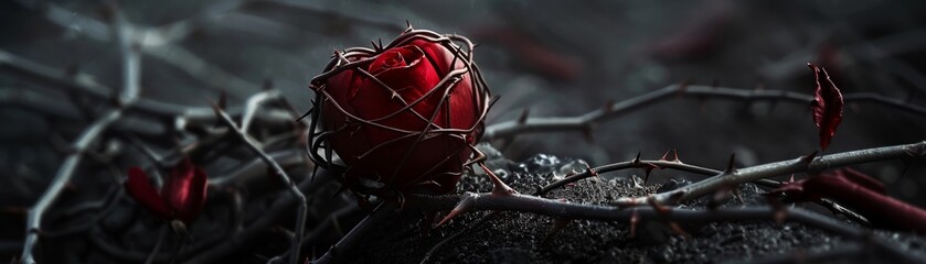 Fototapeta na wymiar Experience the captivating essence of a Gothic heart intertwined with a rose, each thorn symbolizing the complexities of a dark romance,clean sharp focus