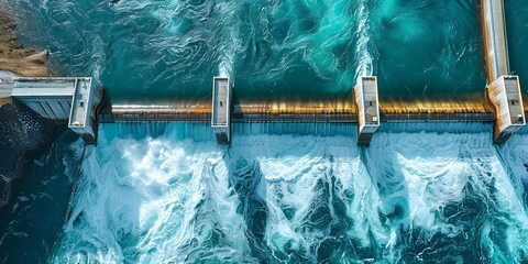 Generating Sustainable Energy: Aerial View of a Hydroelectric Dam. Concept Renewable Energy Sources, Environmental Conservation, Hydroelectric Power, Aerial Photography, Sustainable Infrastructure