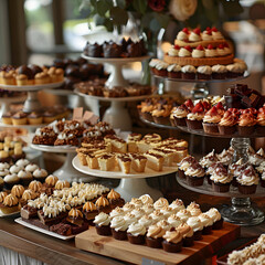 An assortment of sweet desserts, including baked goods and finger foods, are presented on a table, showcasing a variety of flavors and ingredients