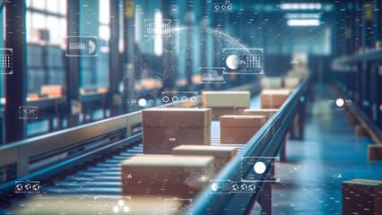 Industrial conveyor automation, packages in transit, interactive technology, warehouse management.