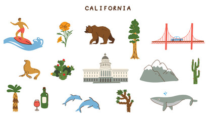 California big set symbols. Landmark. Vector illustration - obrazy, fototapety, plakaty