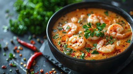 tom yum kung Spicy Thai soup with shrimp in a black bowl on a dark stone background - obrazy, fototapety, plakaty