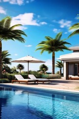 Fototapeta premium Luxurious resort pool with palm trees and blue water