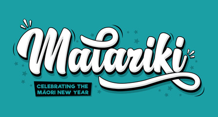 NZ Celebrating Matariki the Maori New Year script title on a aqua teal background - obrazy, fototapety, plakaty