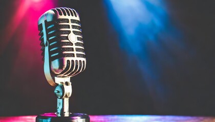 vintage vocal microphone in the dark on a concert stage with pink and blue spot lighting live music or podcast wide banner background with copy space