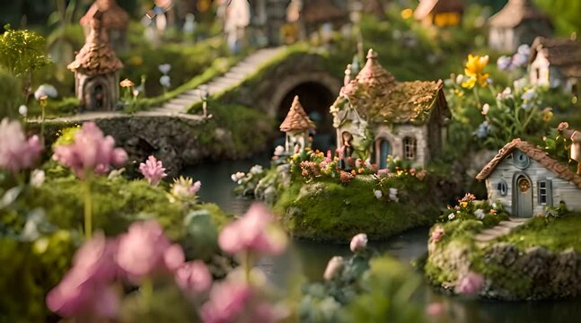 A Whimsical Look at Miniature Fairy Houses Nestled in a Field of Flowers at Dawn