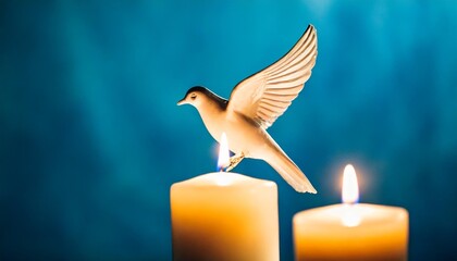 holy spirit dove and lit candle on blue background baptism holiday invitation holiday advent candle god bless you all saints day greeting card or banner with copy space - obrazy, fototapety, plakaty