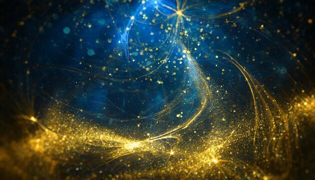 abstract blue and gold background with particles golden dust light sparkle and star shape on dark endless space wallpaper christmas new year s eve cosmos theme shiny fantasy galaxy concept