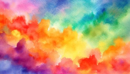 Fototapeta na wymiar colorful watercolor background of abstract sunset sky with puffy clouds in bright rainbow colors of red orange green blue yellow and purple