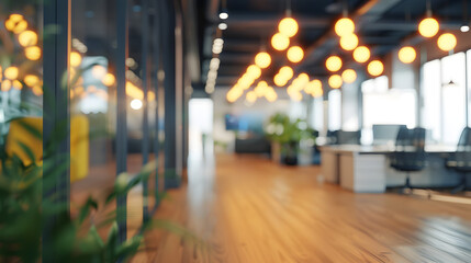 Blurred background of a modern office interior with beautiful lights. 