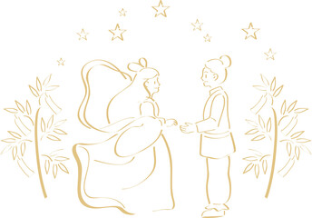 七夕　織姫と彦星　手描き　夏　おしゃれ　線画　イラスト素材