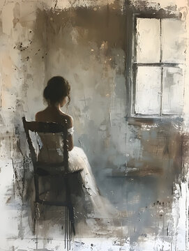 A woman in a white dress sits by a window, facing a painting on the wall