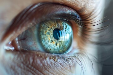 Close-up of a person's eye with iris scanning technology for biometric identification