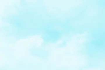 Foto op Plexiglas Pastel blue sky with white fluffy cloud. Cumulus cloudy sky. Cloudscape background. Fresh air. Beautiful summer autumn winter nature. Freedom of life concept. Soft light blur landscape. © Maliflower73
