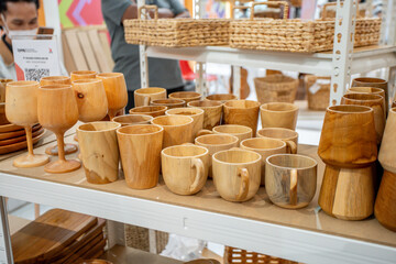Fototapeta premium Traditional Wooden Craft displayed in a traditional craft exhibition held in ,Jakarta, Indonesia 